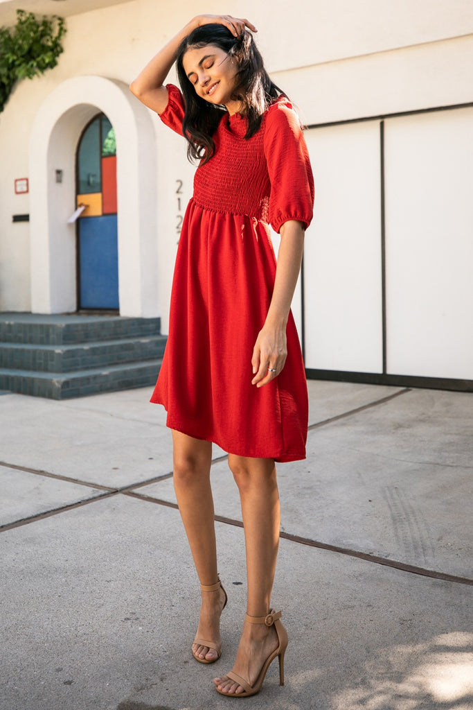 Sasha Smocked Dress in Rust