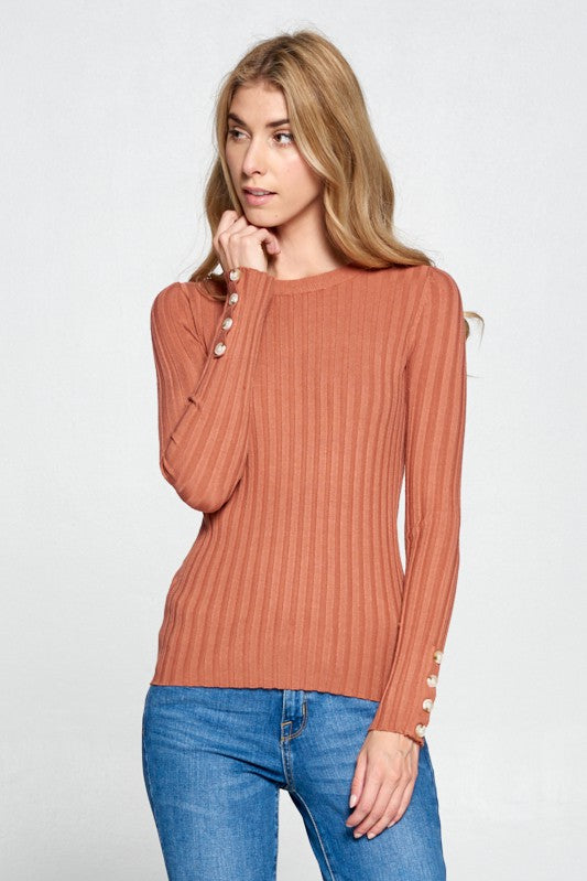 Perfectly Ribbed Knit Long Sleeve Top in Brick