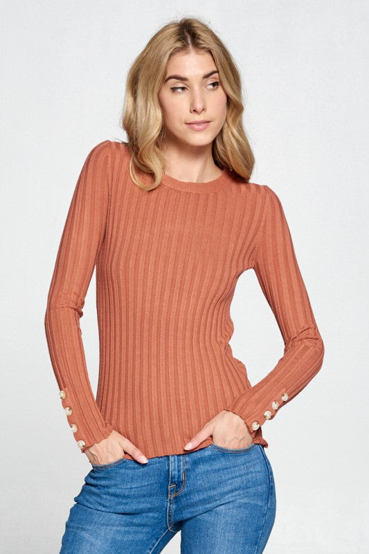 Perfectly Ribbed Knit Long Sleeve Top in Brick