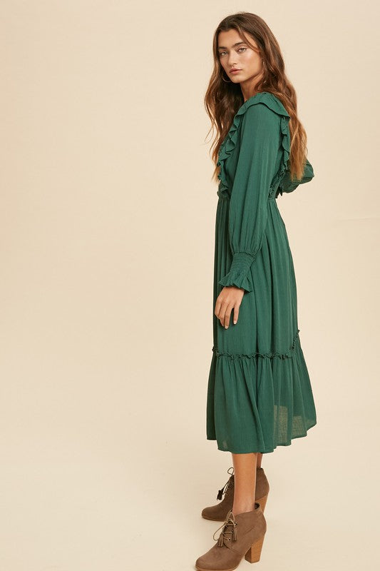 Mariah Embroidered Midi Dress in Emerald