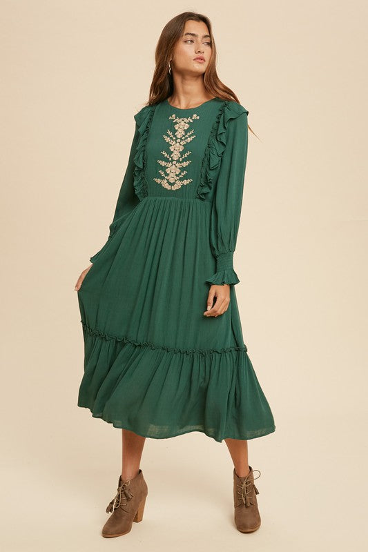 Mariah Embroidered Midi Dress in Emerald