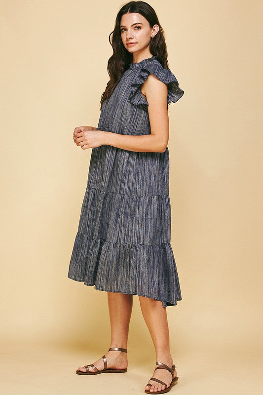 Penelope Tiered Denim Stripe Midi Dress
