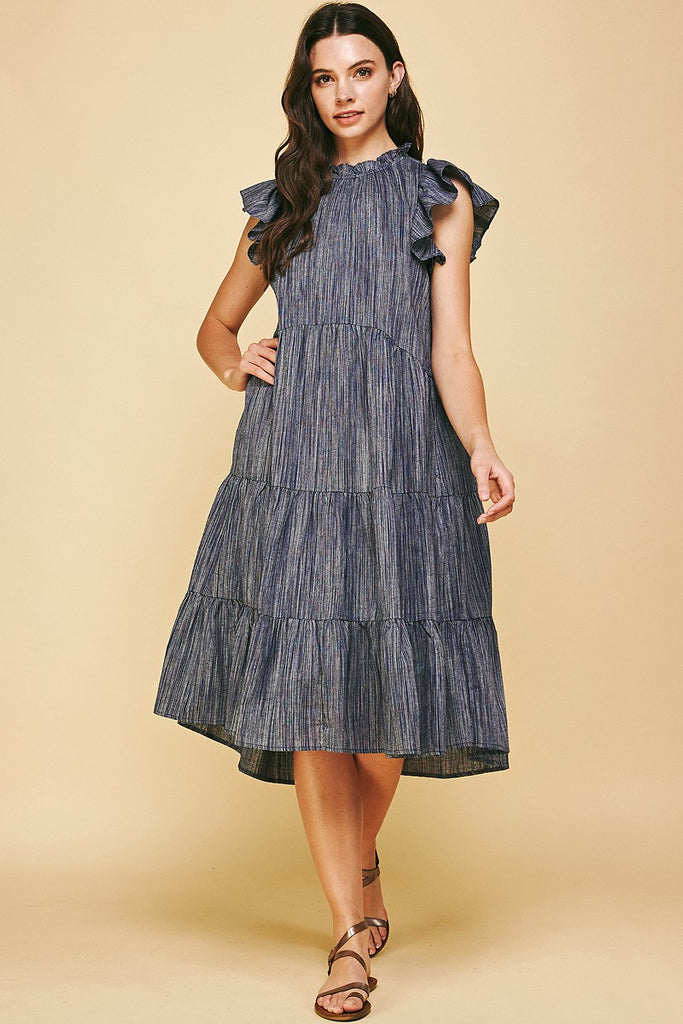 Penelope Tiered Denim Stripe Midi Dress
