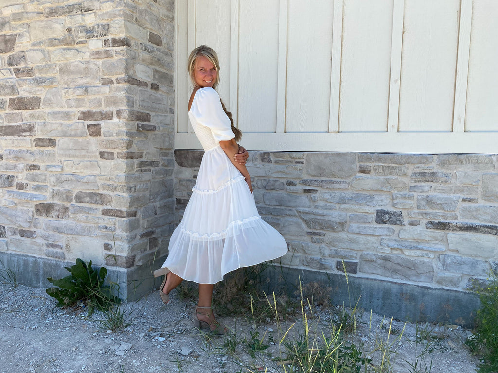 Eliana Smocked Dress in White (extended sizing)