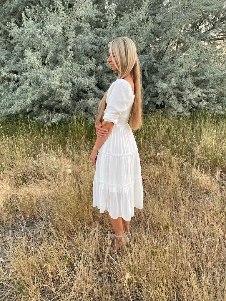 Eliana Smocked Dress in White (extended sizing)