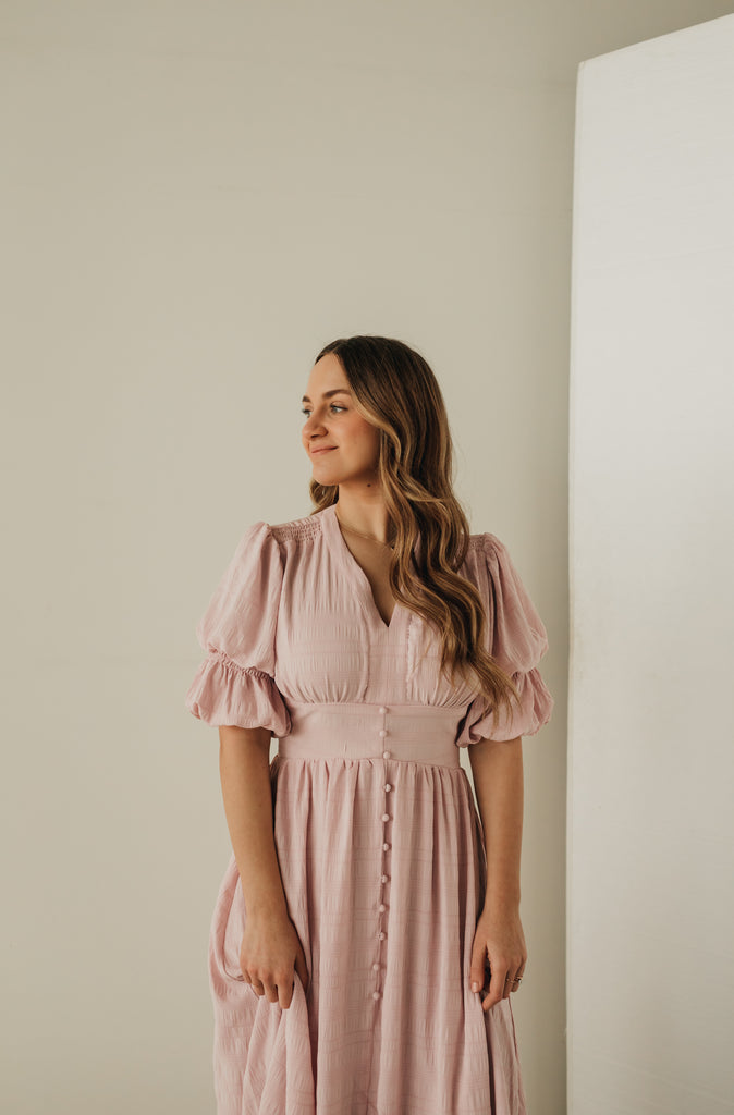 Rose Bubble Sleeve Midi Dress in Blush