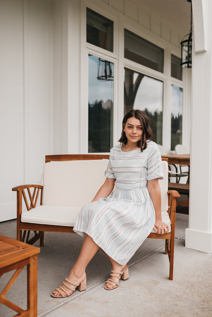 Doris Light Blue Dress in Stripes