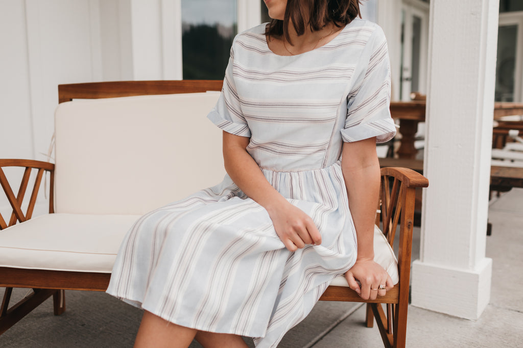 Doris Light Blue Dress in Stripes