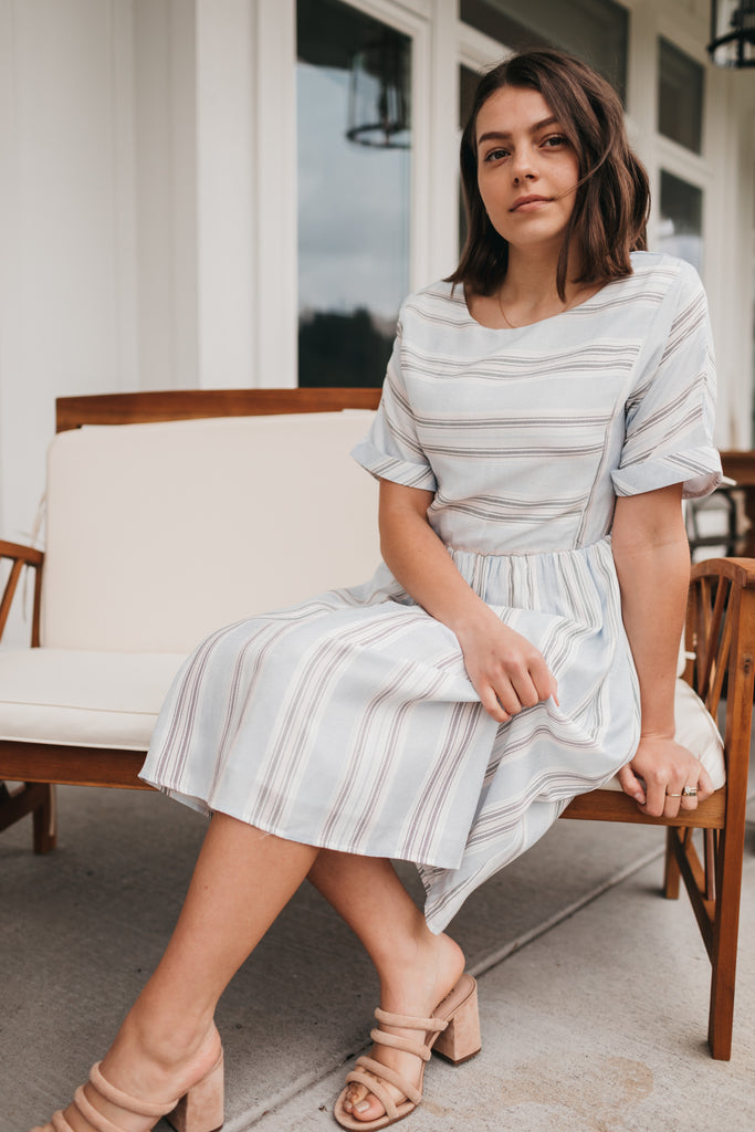 Doris Light Blue Dress in Stripes