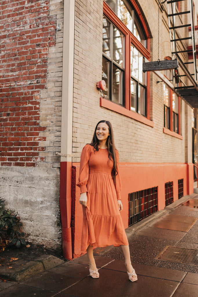 Charlotte Smocked Dress in Rust