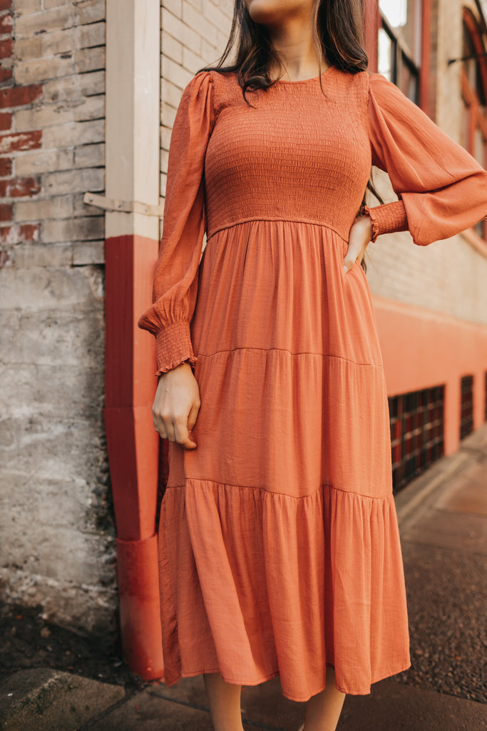 Charlotte Smocked Dress in Rust