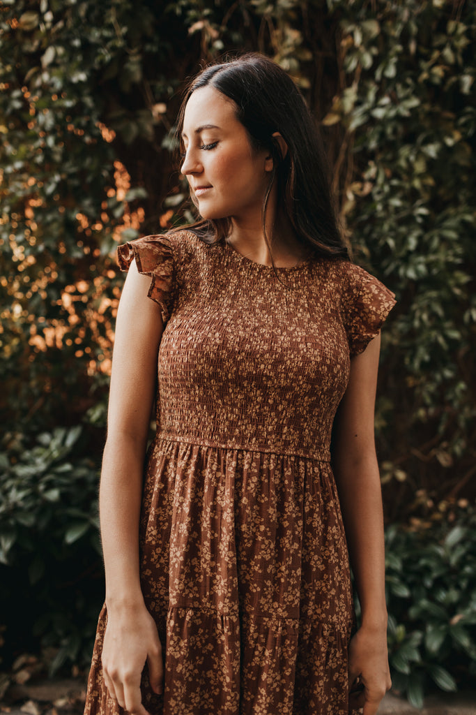 Ginger Floral Dress in Chocolate