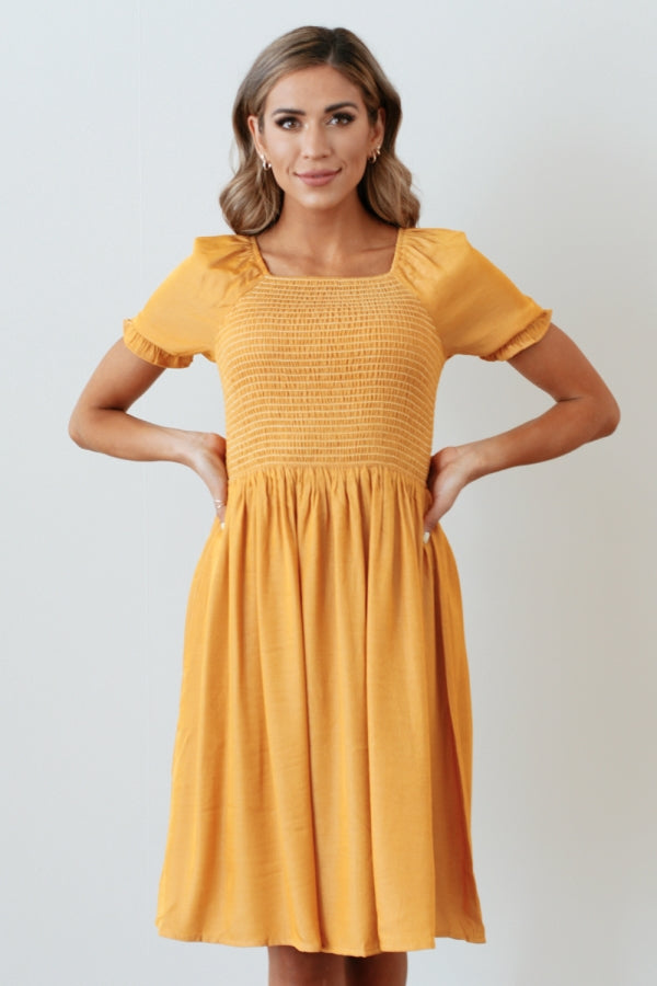 Annalise Smocked Dress in Mustard