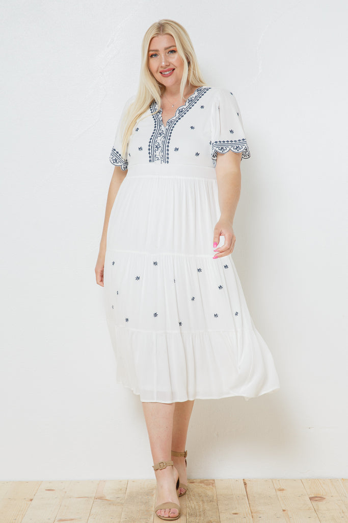 Helena Embroidered Dress in Ivory PLUS