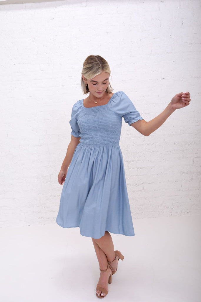 Annalise Smocked Dress in Light Denim (XS-2X)