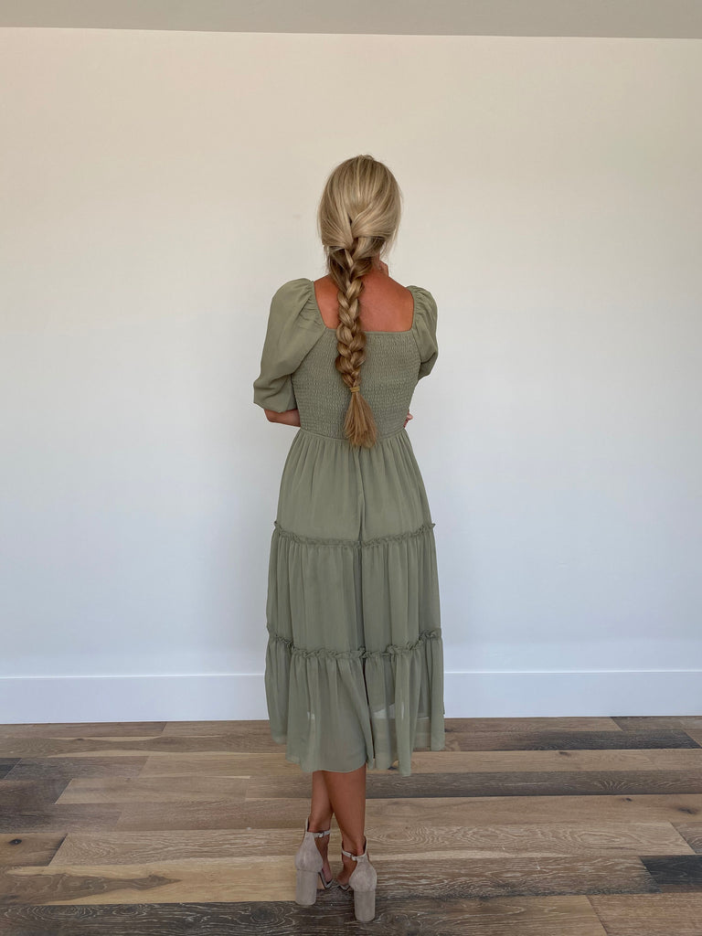 Eliana Smocked Dress in Moss (extended sizing)